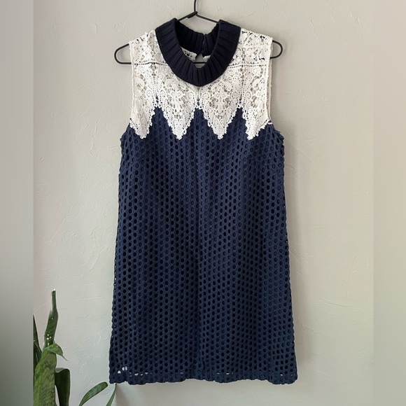 SEA NEW YORK GUIPURE LACE CROCHET BLUE EYELET SHIFT DRESS 8 - Picture 4 of 7